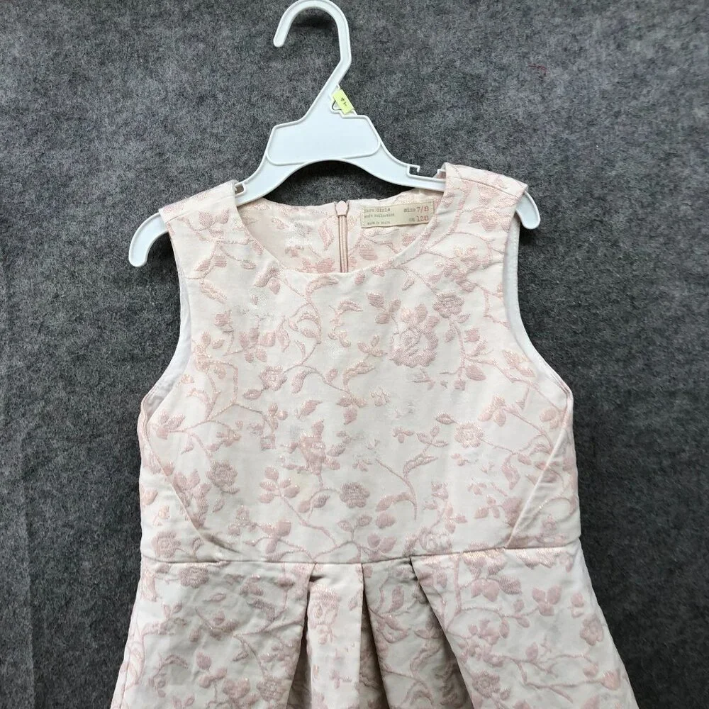 Zara Girls 7/8 Party Dress Pink Floral Jacquard Pleated Sleeveless A-Line Formal